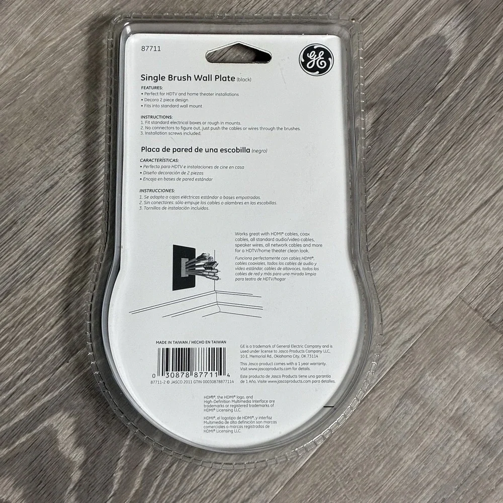 GE Ultra Pro‎ Single Brush Wall Plate 87711 Black Cable Pass Through HDMI New